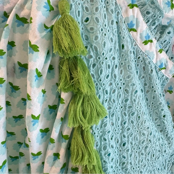 Elizabeth Wilson‎ Tassel Trim Puff Sleeve Midi Dress Blue Green Large - Picture 4 of 6